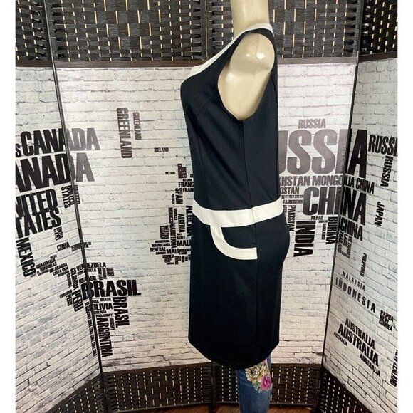 Dressbarn 10 Black Zip Back Vanilla Trim Round Neck Sleeveless Above Knee Dress - Picture 2 of 5